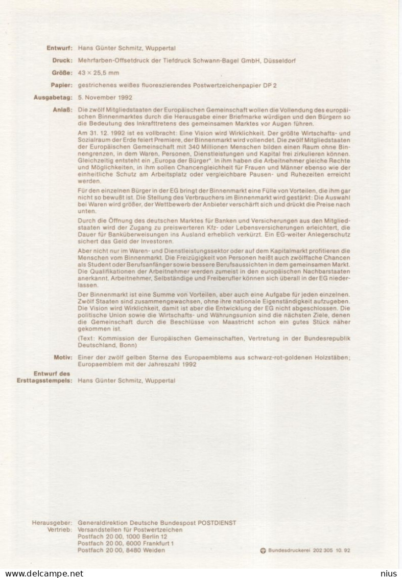 Germany Deutschland 1992-48 Vollendung Des Europäischen Binnenmarktes Completion Of The European Internal Market, Bonn - 1991-2000