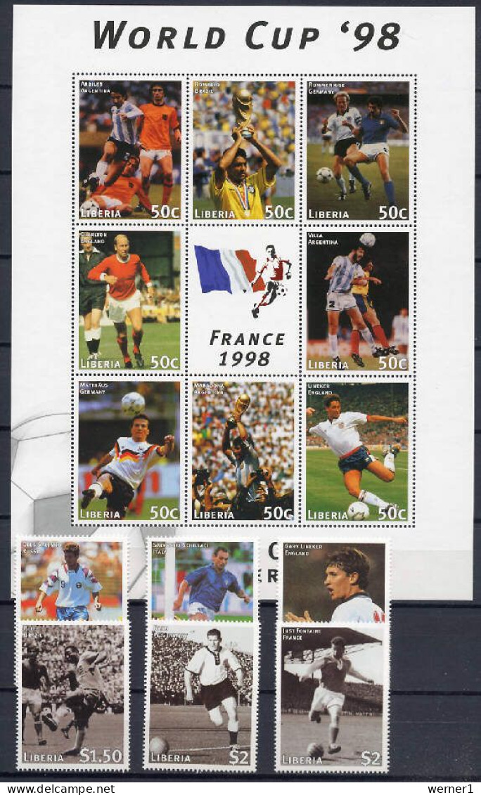 Liberia 1997 Football Soccer World Cup Set Of 6 + 2 Sheetlets MNH - 1998 – Frankrijk