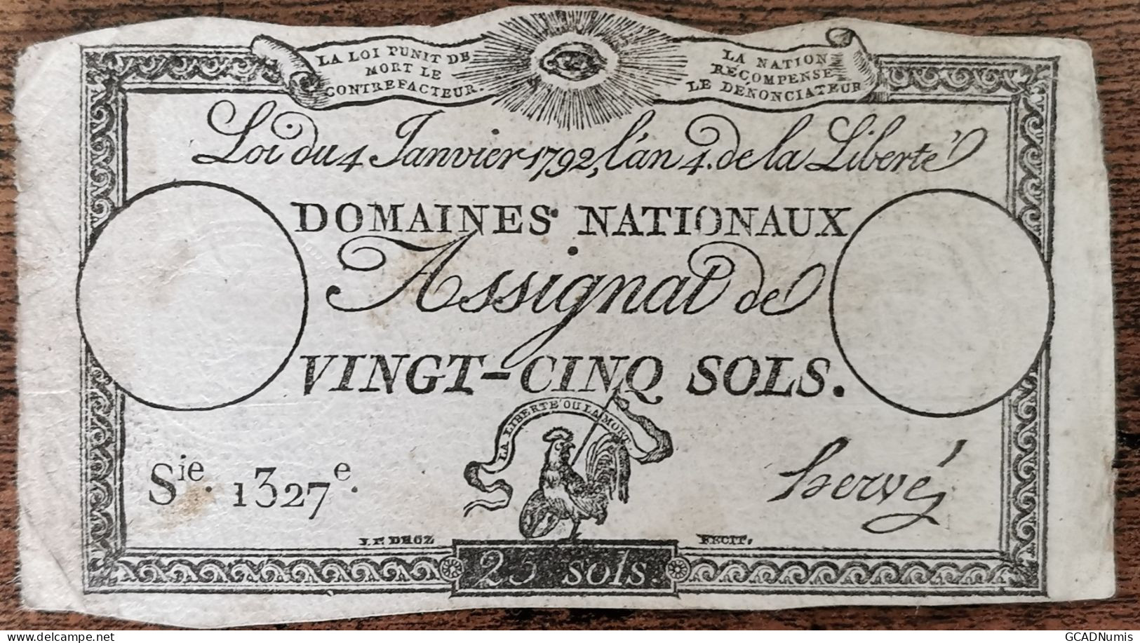 Assignat 25 Sols - 4 Janvier 1792 - Série 1327 - Domaine Nationaux - Assignats