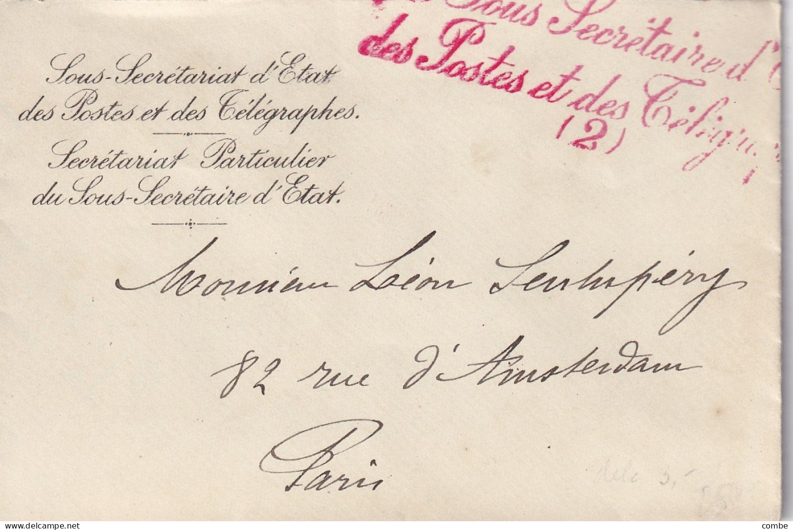 LETTRE. GRIFFE ROUGE. SOUS SECRETAIRE D'ETAT / DES POSTES ET DES TELEGRAPHES / 2. PARIS - 1801-1848: Precursors XIX