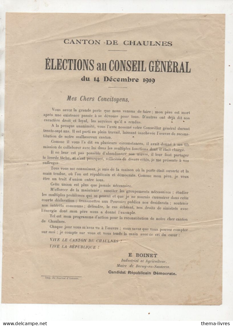 Canton De Chaulnes (80) Profession De Foi De E BOINET Candidat Républicain Au Conseil Géneral 1919 (PPP47281) - Documenti Storici