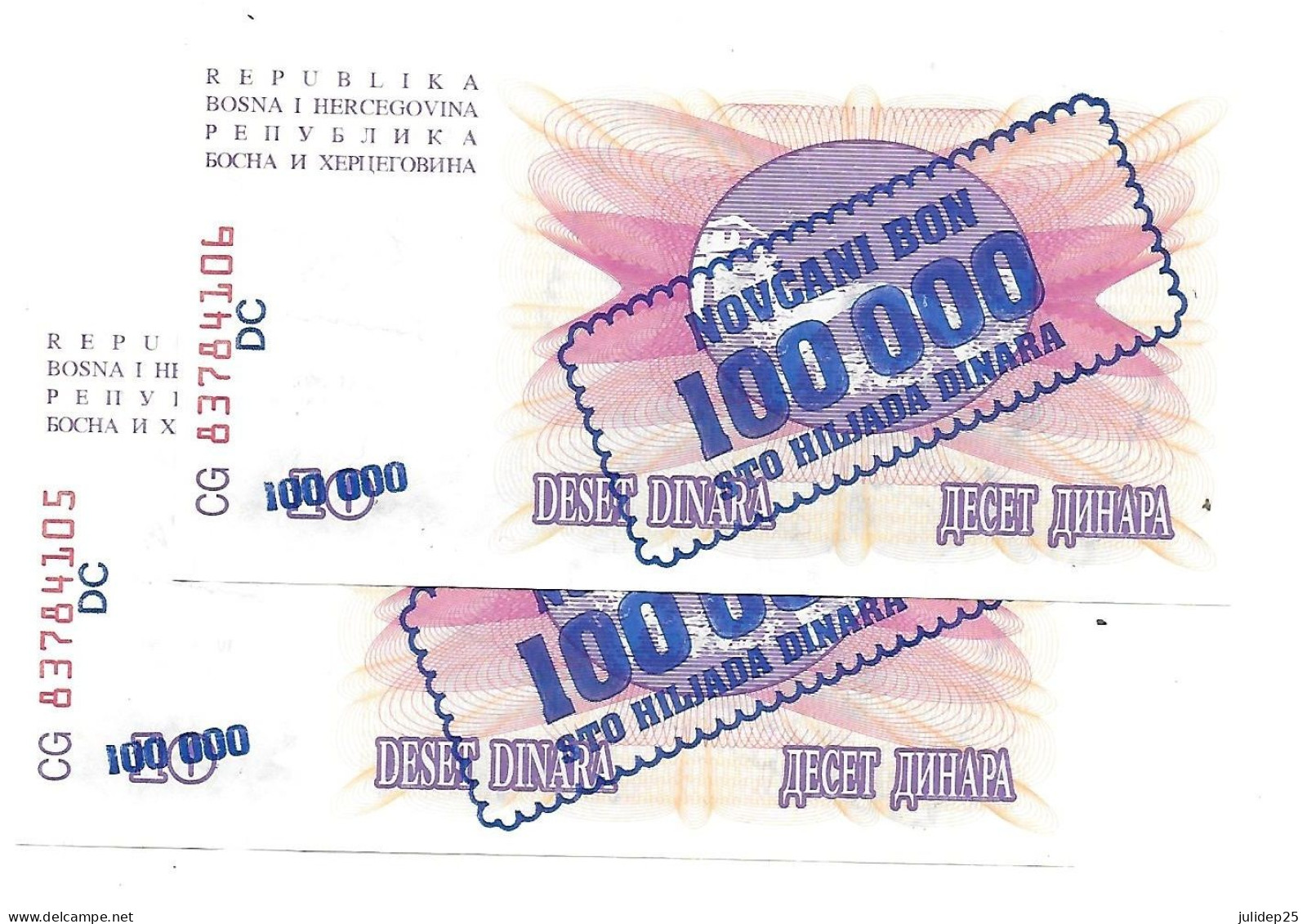 Bosnie Herzegovine Bosnia " 100.000 Dinara 1993 " Ovp 10 Dinara 1992 UNC / NEUF - 2 Consecutive - Bosnia Y Herzegovina