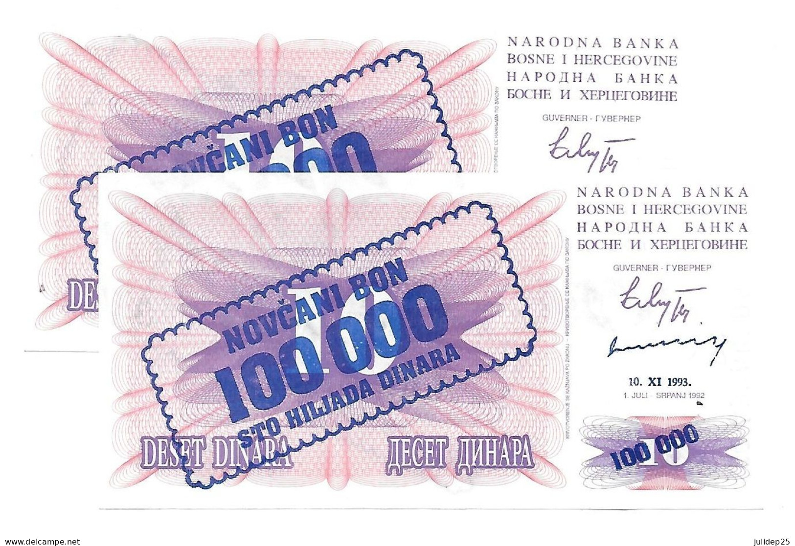Bosnie Herzegovine Bosnia " 100.000 Dinara 1993 " Ovp 10 Dinara 1992 UNC / NEUF - 2 Consecutive - Bosnien-Herzegowina