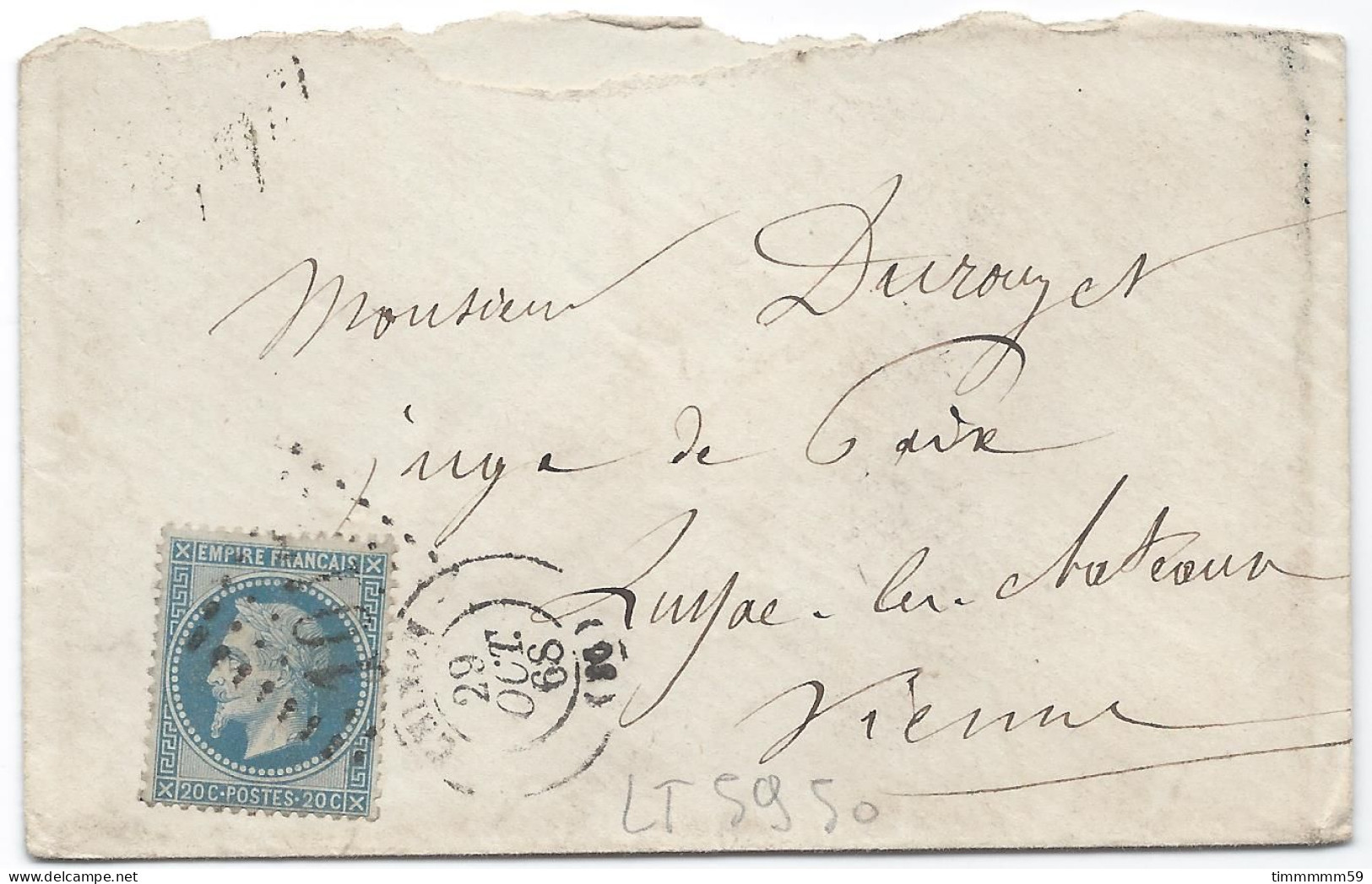 LT5950   N°29B/Enveloppe, Oblitéré GC 1017 CHINON(36), Indice 5 Pour Lussac-les-Châteaux, Vienne (80) Du 29 Oto. 1868 - 1863-1870 Napoleon III Gelauwerd