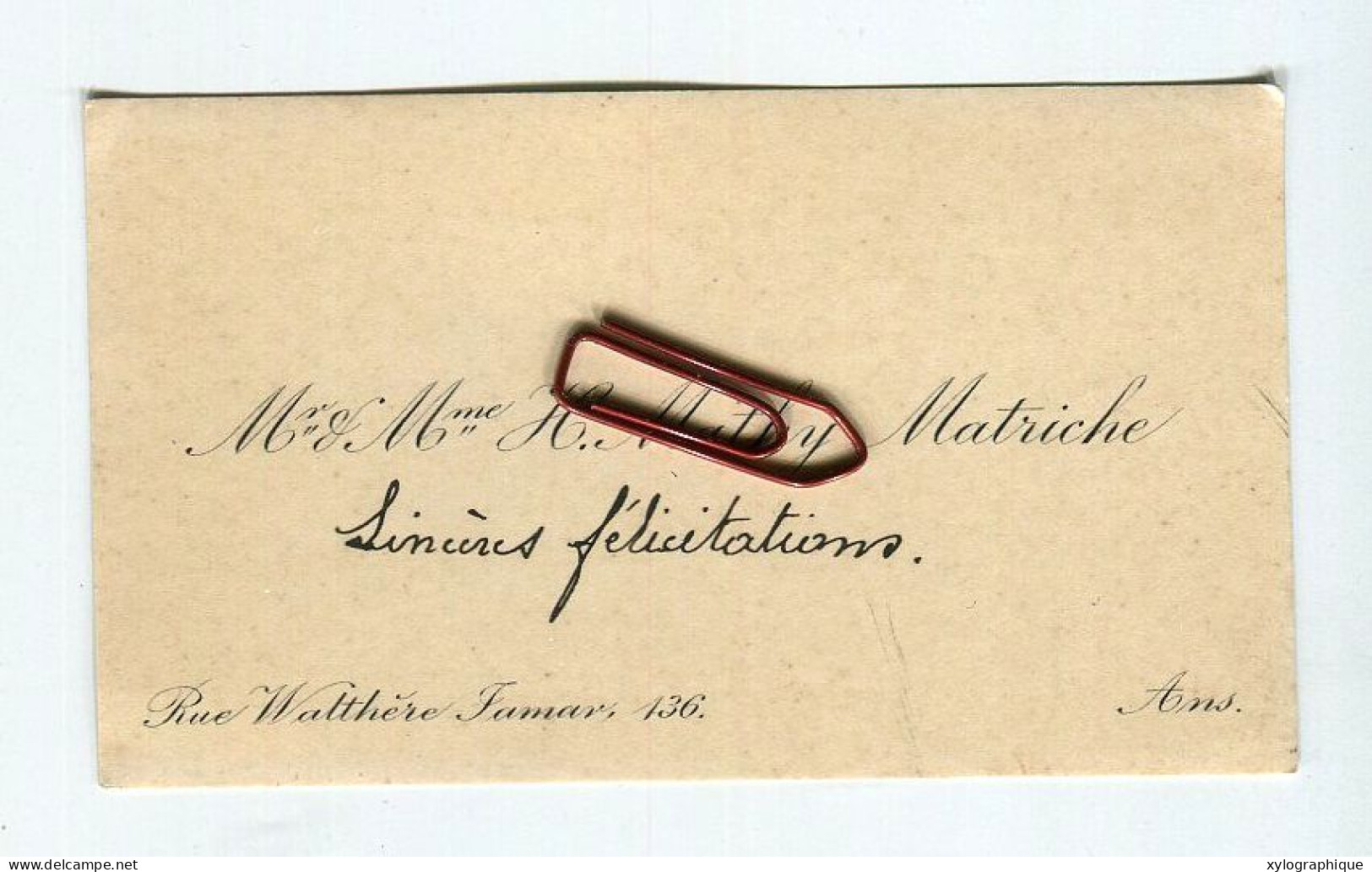 ANS (Liège) - Carte De Visite Ca. 1930, H. Mathy Matriche, Rue Walthère Jamar, Pour Famille Gérardy Warland - Visiting Cards