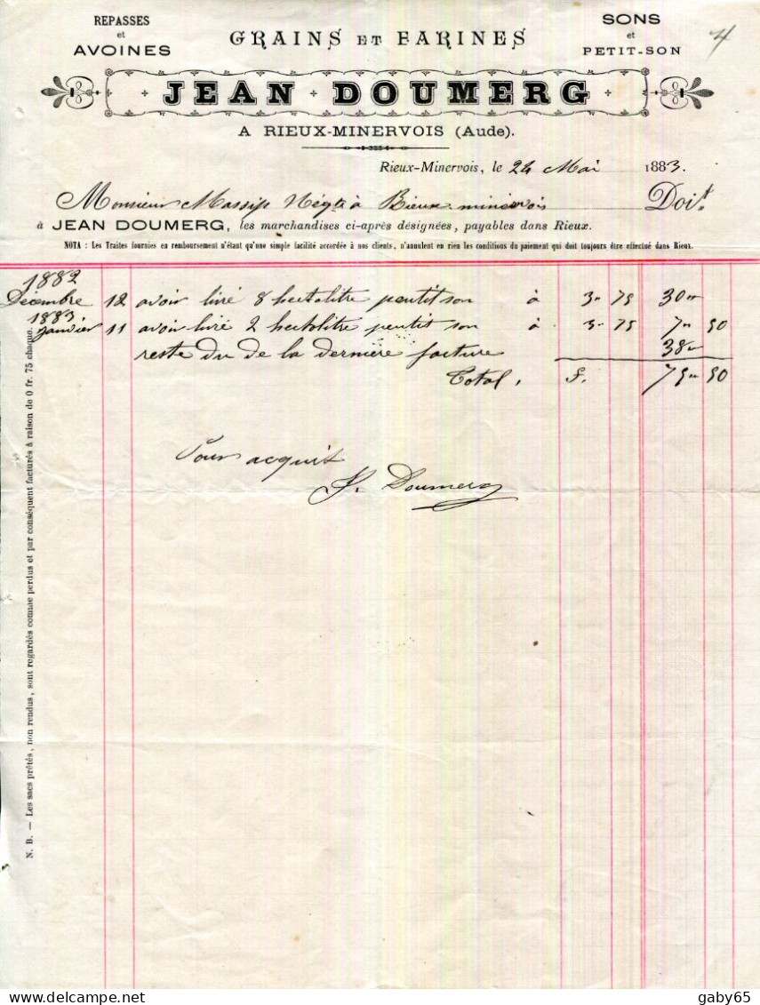 FACTURE.11.AUDE.RIEUX MINERVOIS.REPASSES & AVOINES.GRAINS & FARINES.JEAN DOUMERG.. - Autres & Non Classés