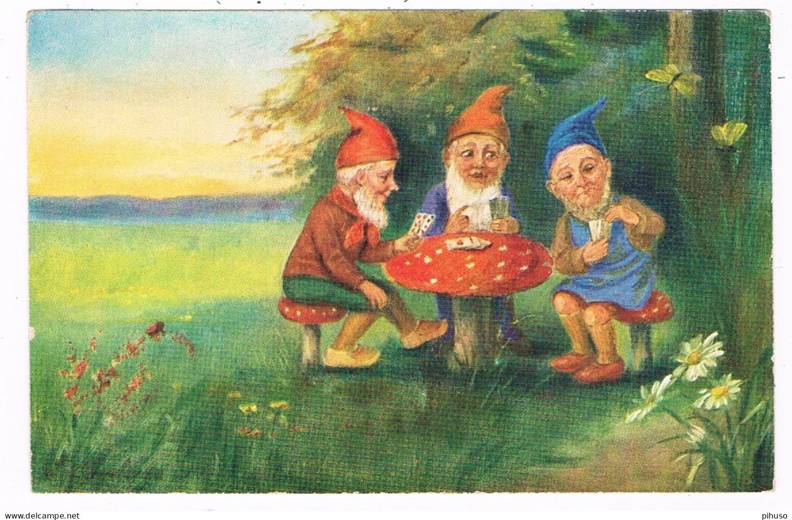 KAB-49  3 DWARFS Are Playing Cards On A MUSHROOM - Contes, Fables & Légendes