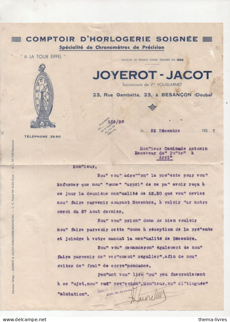 Besançon (25) Lettre Avec Entête JOYEROT-JACOT Comptoir D'horlogerie 1937   (PPP47282) - 1900 – 1949
