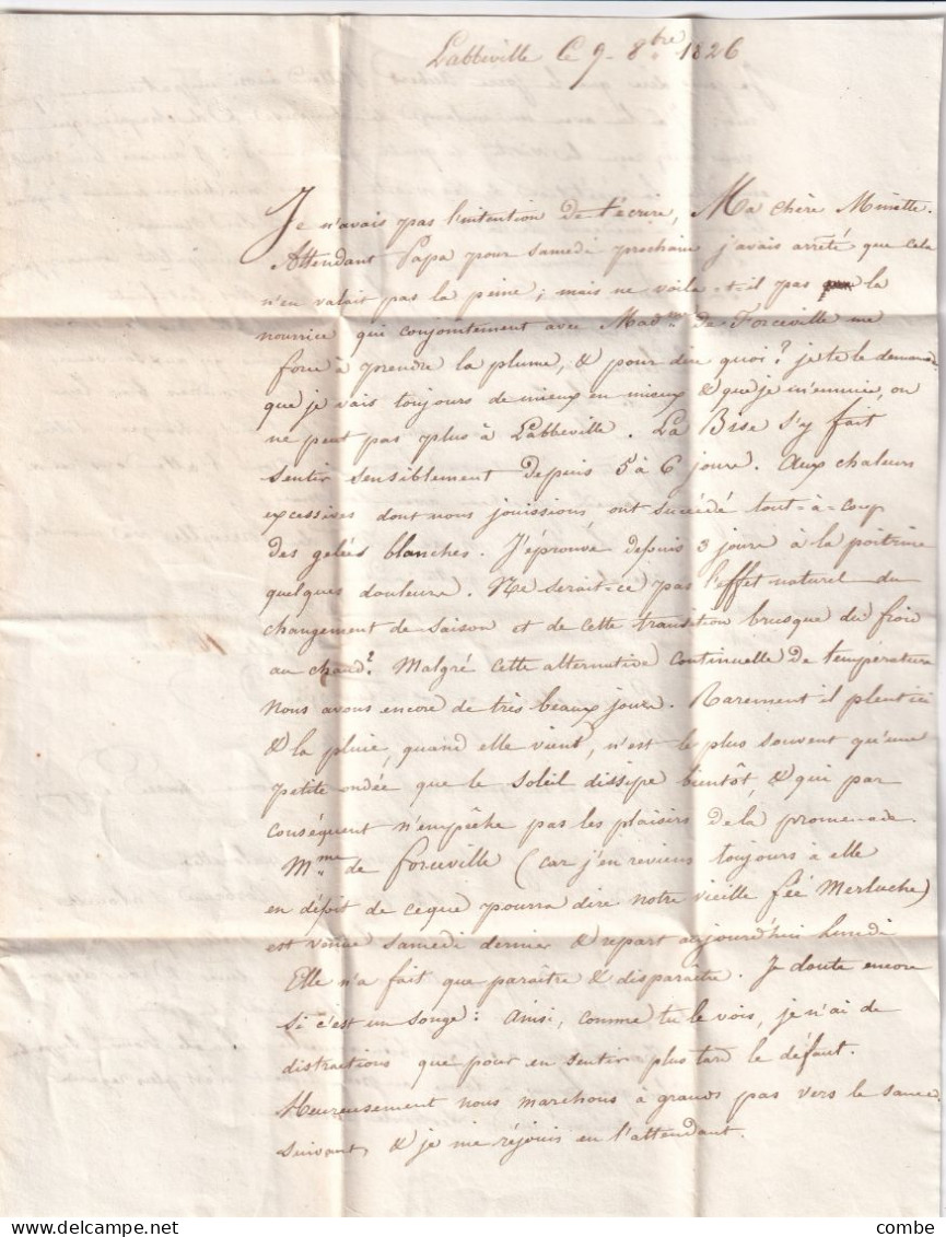 LETTRE. 9 OCT 1826. LABBEVILLE. VAL D'OISE. POUR PARIS. TAXE 15. BUREAU DE QUARTIER. LEV.de I.H./F ( N° 1151) - 1801-1848: Voorlopers XIX