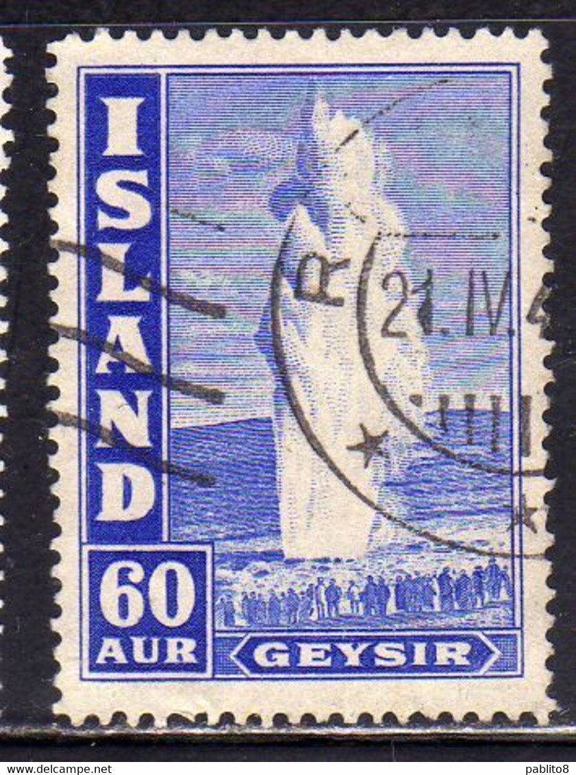 ISLANDA ICELAND ISLANDE 1938 1947 1943 GEYSER AUR 60a USED USATO OBLITERE' - Gebruikt