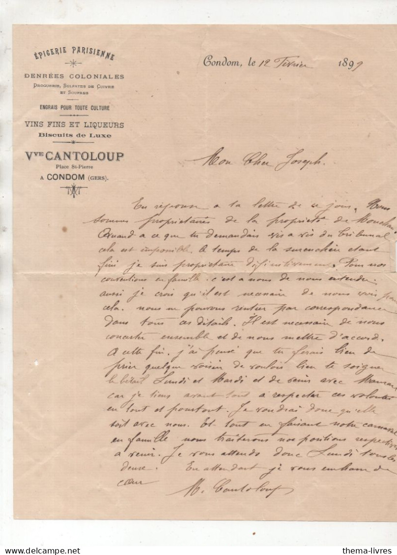 Condom (32)  Lettre Avec Entête Veuve CANTOLOUP épiceie Parisienne 1897 (PPP47283) - 1800 – 1899