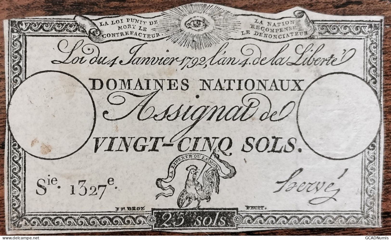 Assignat 25 Sols - 4 Janvier 1792 - Série 1327 - Domaine Nationaux - Assignats