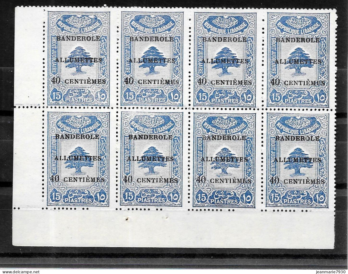 N508 - TIMBRES FISCAUX EN BLOC DE 8 COIN DE FEUILLE NSG - SURCHARGE BANDEROLE ALLUMETTE 40 CENTIEMES - Libanon