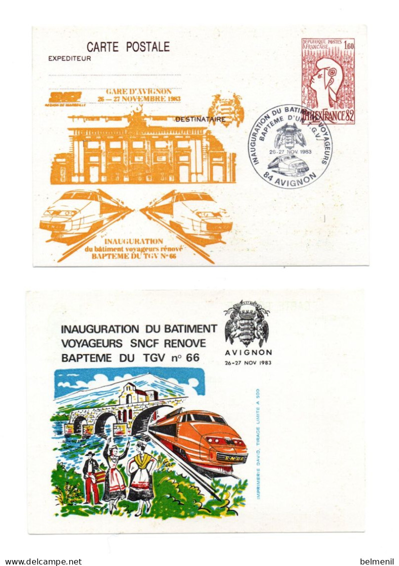 FRANCE 2 Entiers Postaux 2216 Et 2219 Sur CP Avignon Inauguration Bâtiment Voyageurs SNCF Rénové Et Baptême Du TGV N° 66 - Postales  Transplantadas (antes 1995)