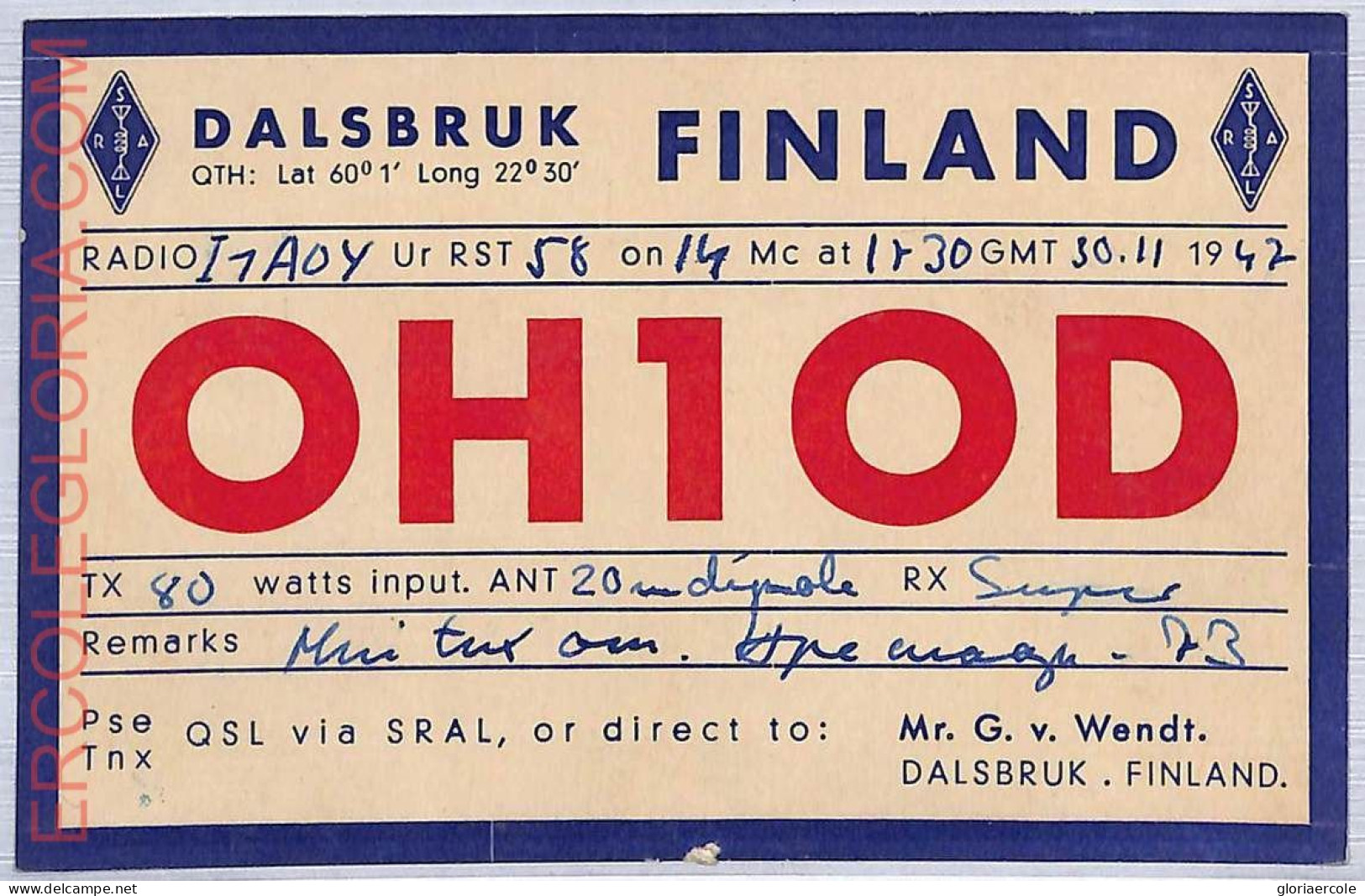 Ad9037 - FINLAND - RADIO FREQUENCY CARD   - Dalsbruk -  1947 - Radio