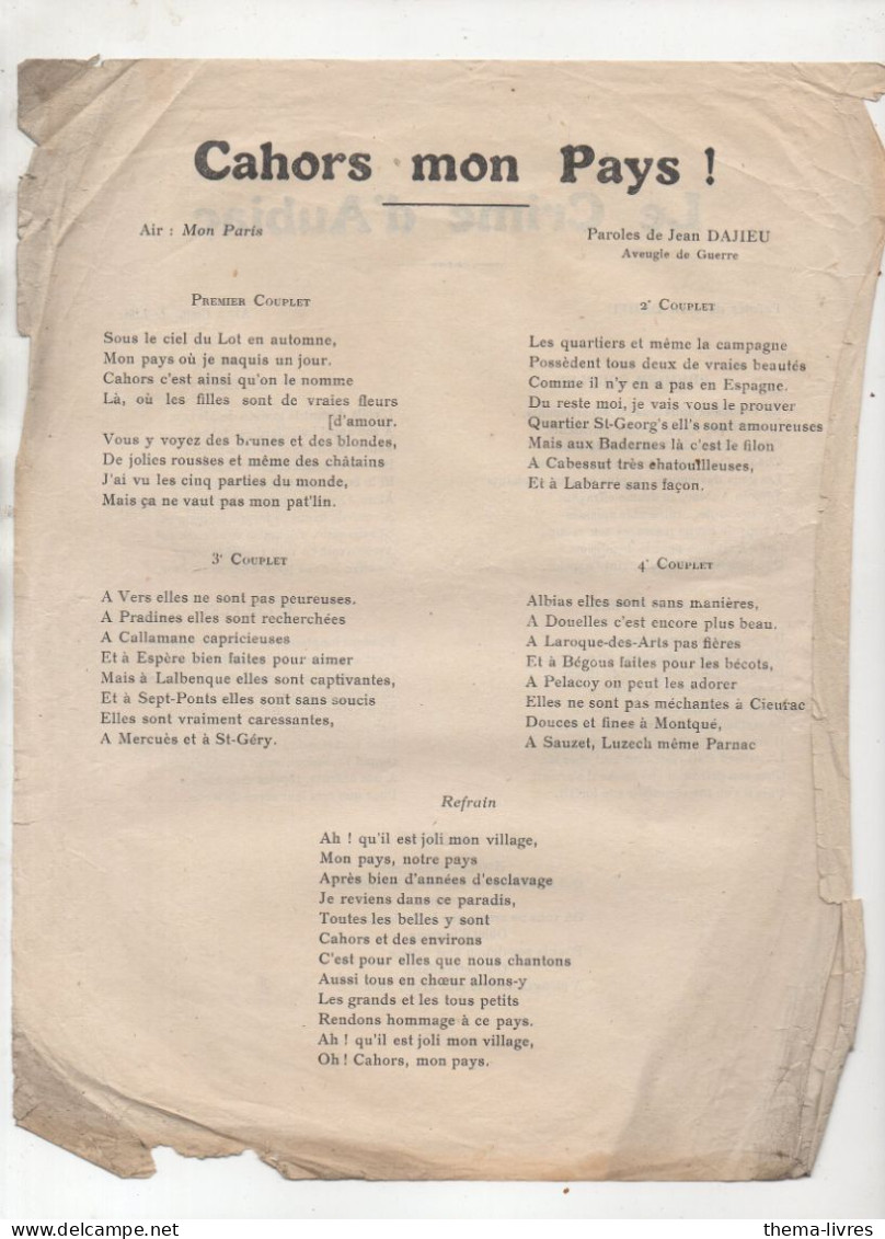 Cahors (46) Et Aubiac (47) Textes Recto Verso De Chansons " Cahors Mon Pays" Et "le Crime D'AUbiac"  (PPP47285) - Ohne Zuordnung