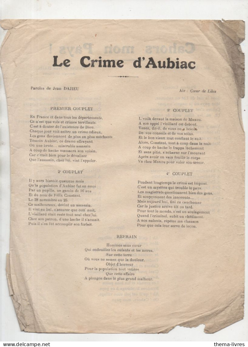 Cahors (46) Et Aubiac (47) Textes Recto Verso De Chansons " Cahors Mon Pays" Et "le Crime D'AUbiac"  (PPP47285) - Ohne Zuordnung