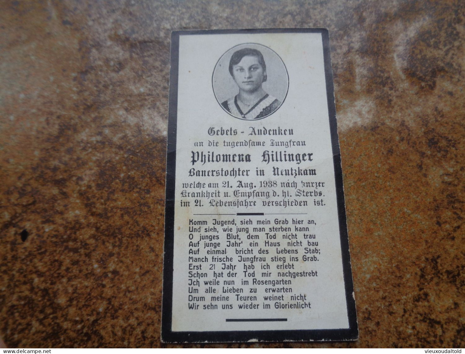 Doodsprentje/ Sterbekarte     1938  Philomena Hillinger  21 Jahre - Religione & Esoterismo