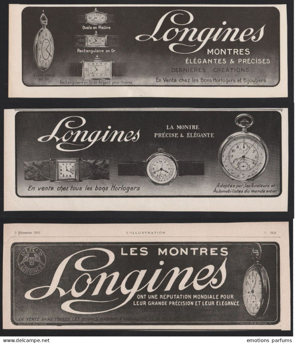 Lot De 3 Publicités 1916 Et 1924 MONTRE Horlogerie LONGINES Embleme Sablier Temps Heure Symbole Montres Gousset - Pubblicitari