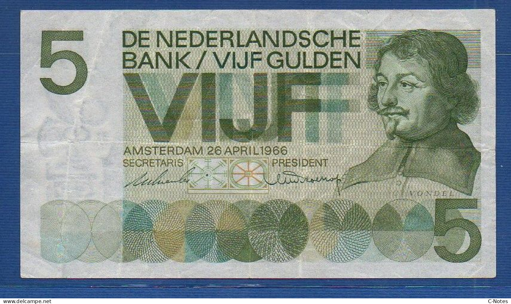 NETHERLANDS  - P.90 – 5 Gulden 1966  F/VF-,  S/n 5LS084983 - 5 Florín Holandés (gulden)