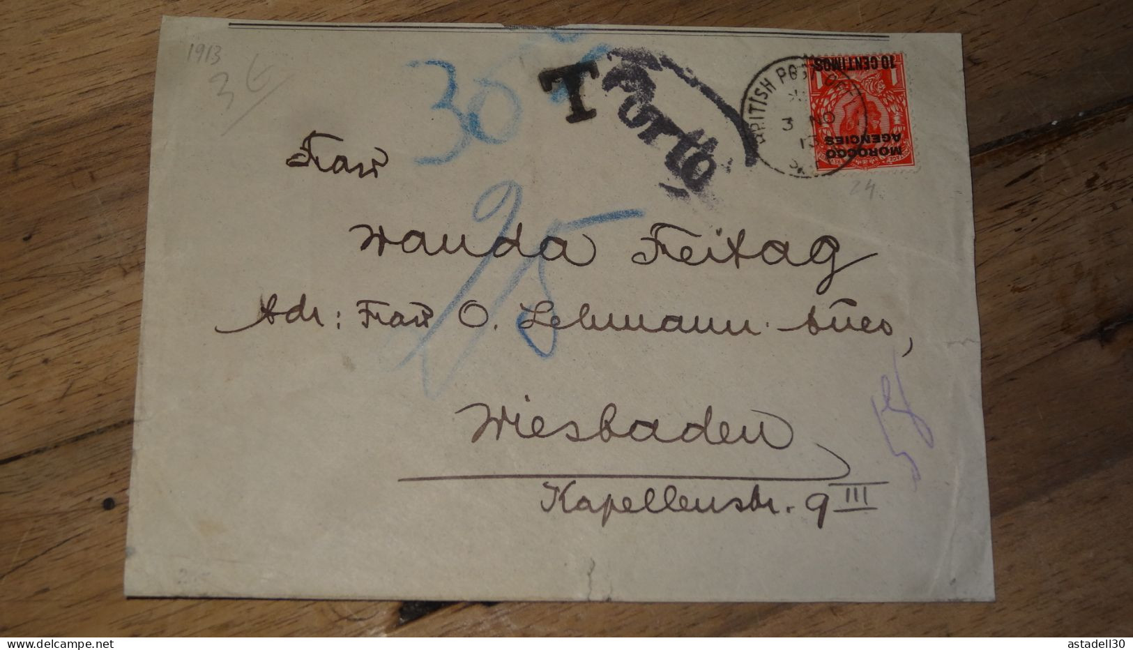 MOROCCO Cover , Taxed, - Brittish Protectorate To Germany - 1913   ......... Boite1 ...... 240424-70 - Bureaux Au Maroc / Tanger (...-1958)