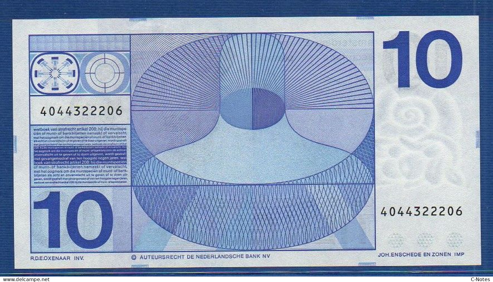 NETHERLANDS  - P.91b – 10 Gulden 1968 UNC-,  S/n 4044322206 - 10 Florín Holandés (gulden)