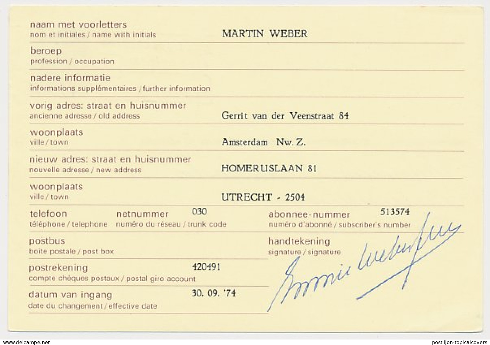 Verhuiskaart G. 39 Particulier Bedrukt Amsterdam 1974 - Postal Stationery