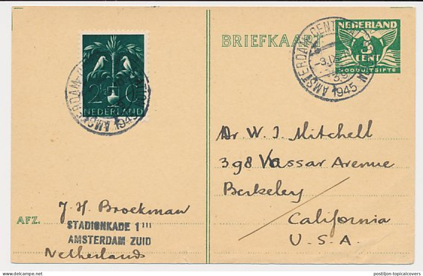 Briefkaart G. 277 B / Bijfrankering Amsterdam - USA 1945 - Postal Stationery