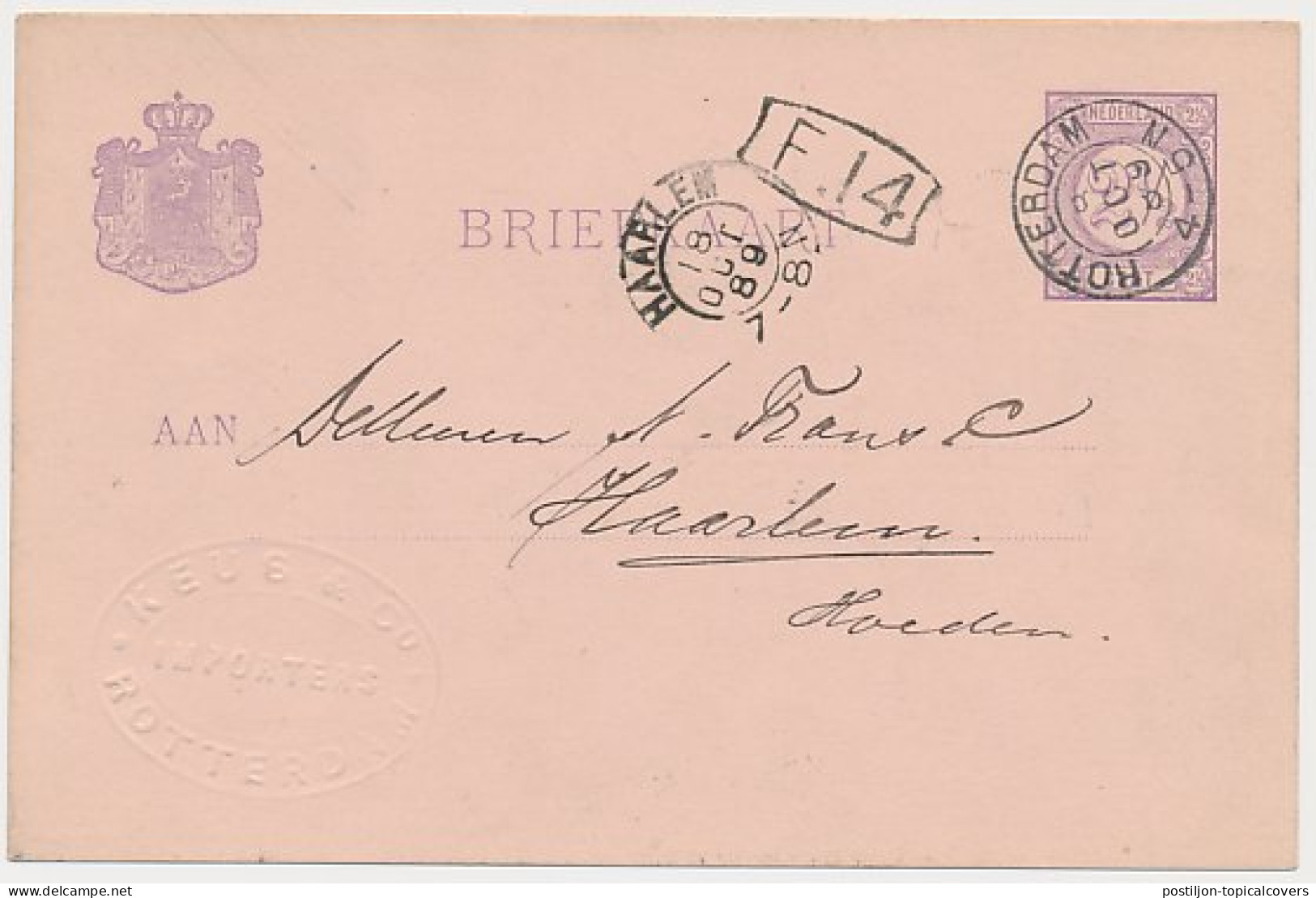 Briefkaart G. 23 Firma Blinddruk Rotterdam 1889 - Postal Stationery