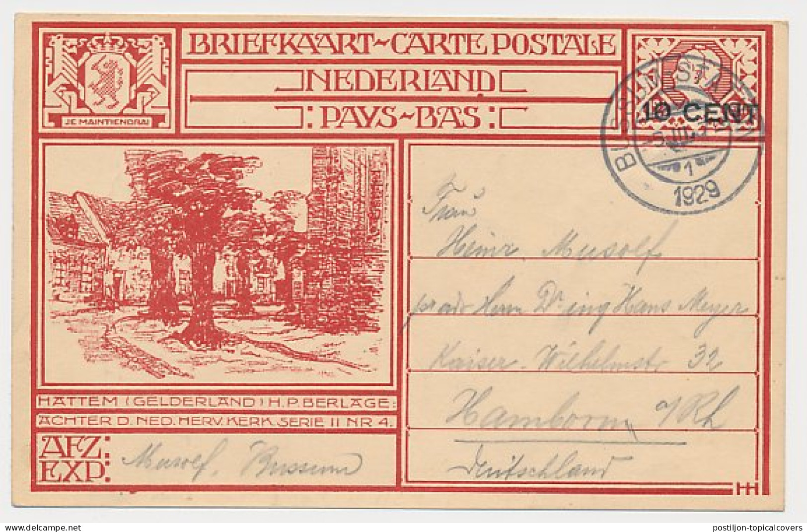 Briefkaart G. 214 O ( Hattem ) Bussum - Duitsland 1929 - Ganzsachen