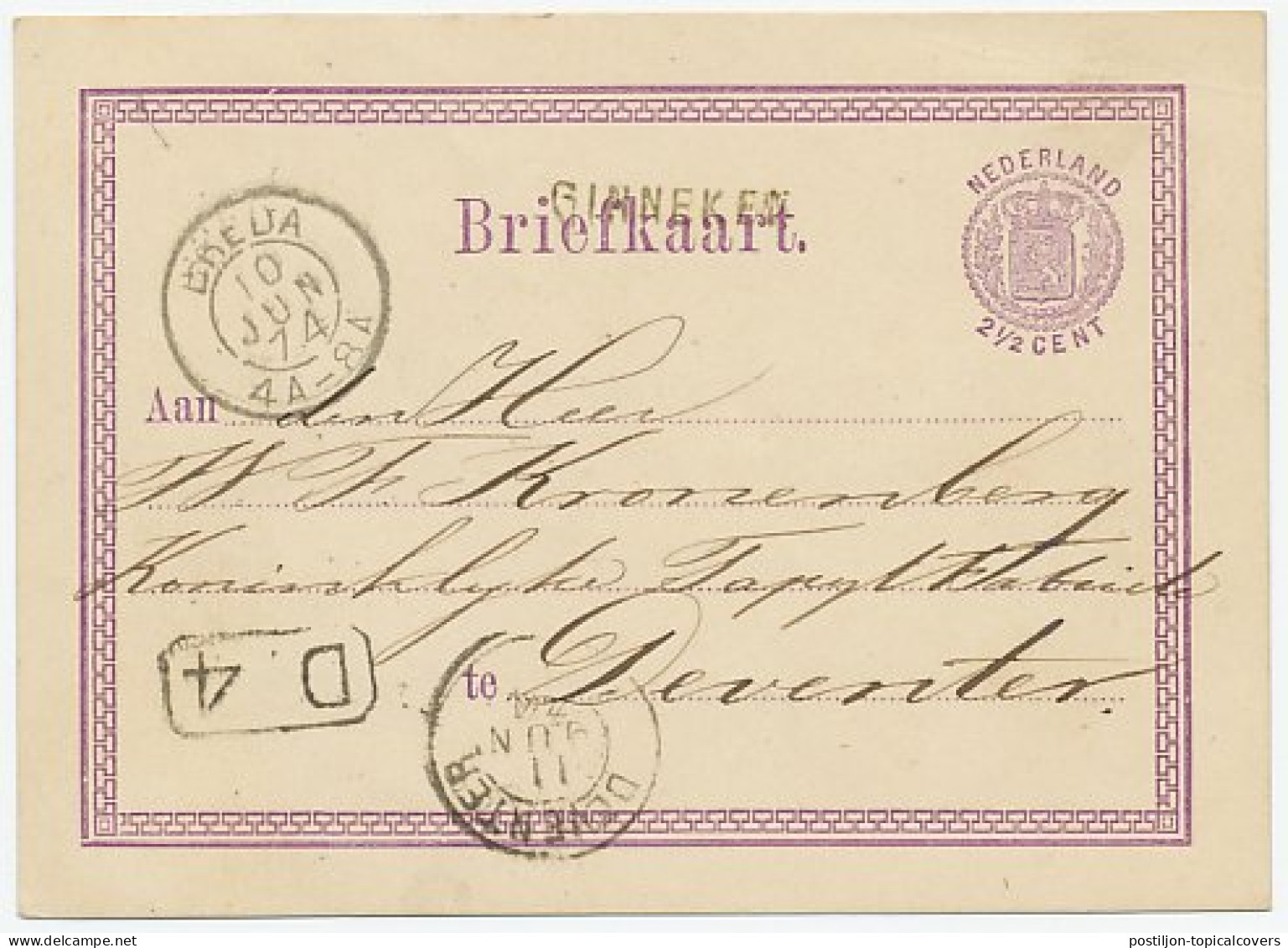 Naamstempel Ginneken 1874 - Lettres & Documents