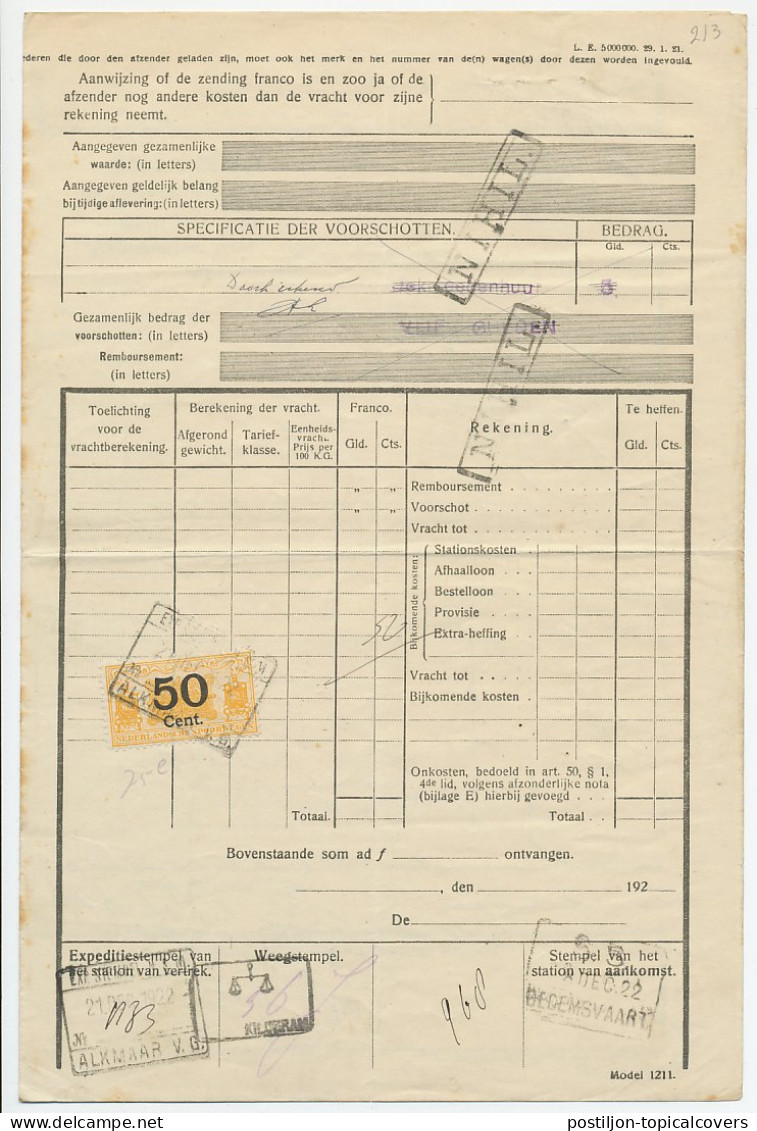 Vrachtbrief NS Alkmaar - Dedemsvaart 1922 - Sin Clasificación