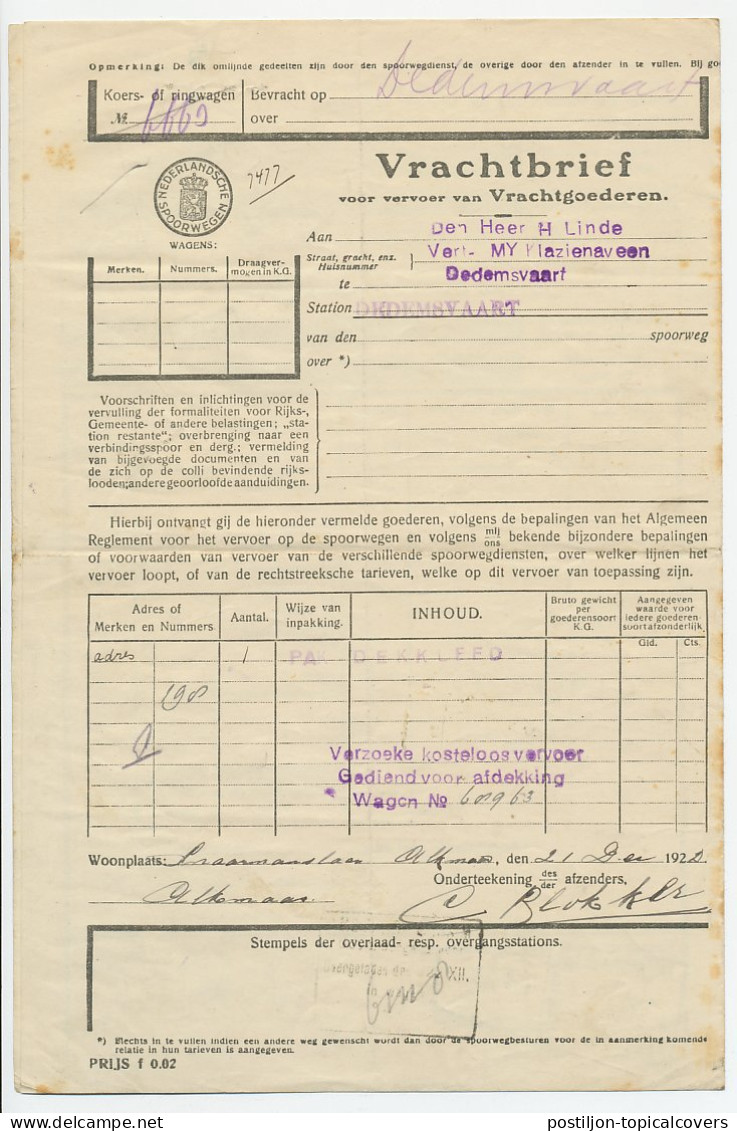 Vrachtbrief NS Alkmaar - Dedemsvaart 1922 - Non Classés