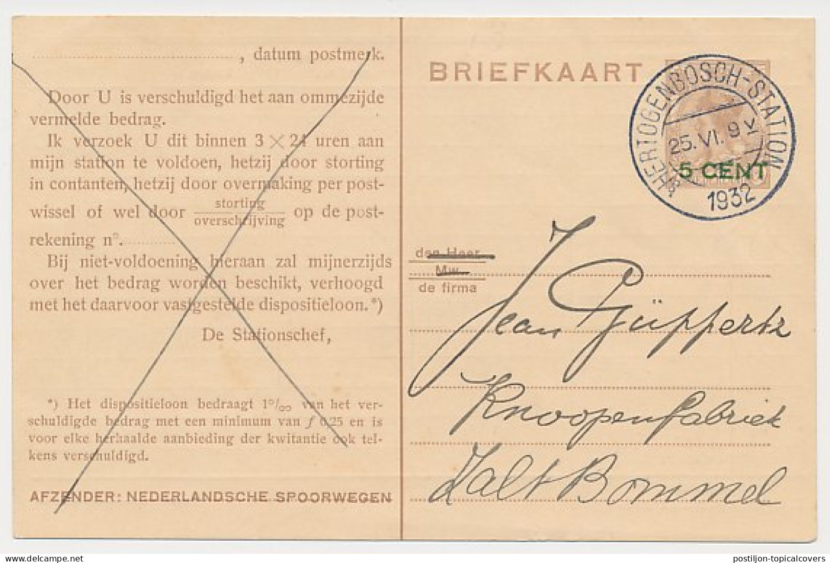 Spoorwegbriefkaart G. NS218 F -s Hertogenbosch - Zaltbommel 1932 - Postal Stationery
