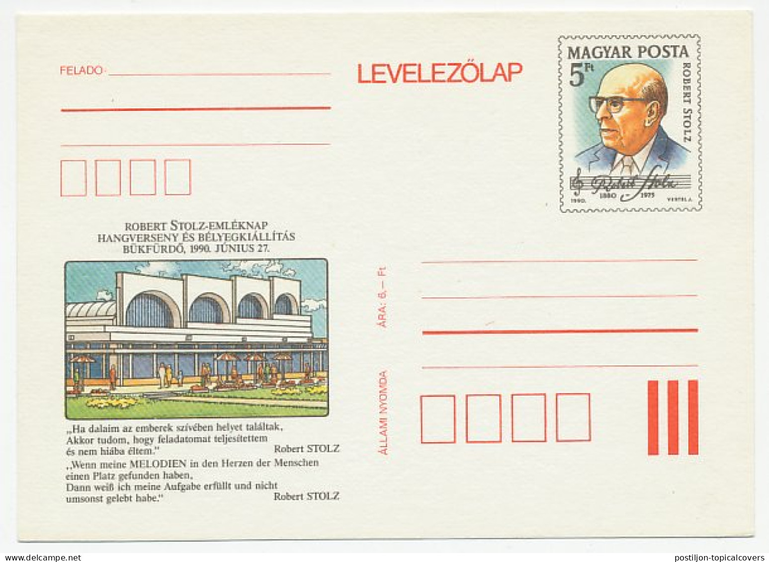 Postal Stationery Hungary 1990 Robert Stolz - Composer - Música