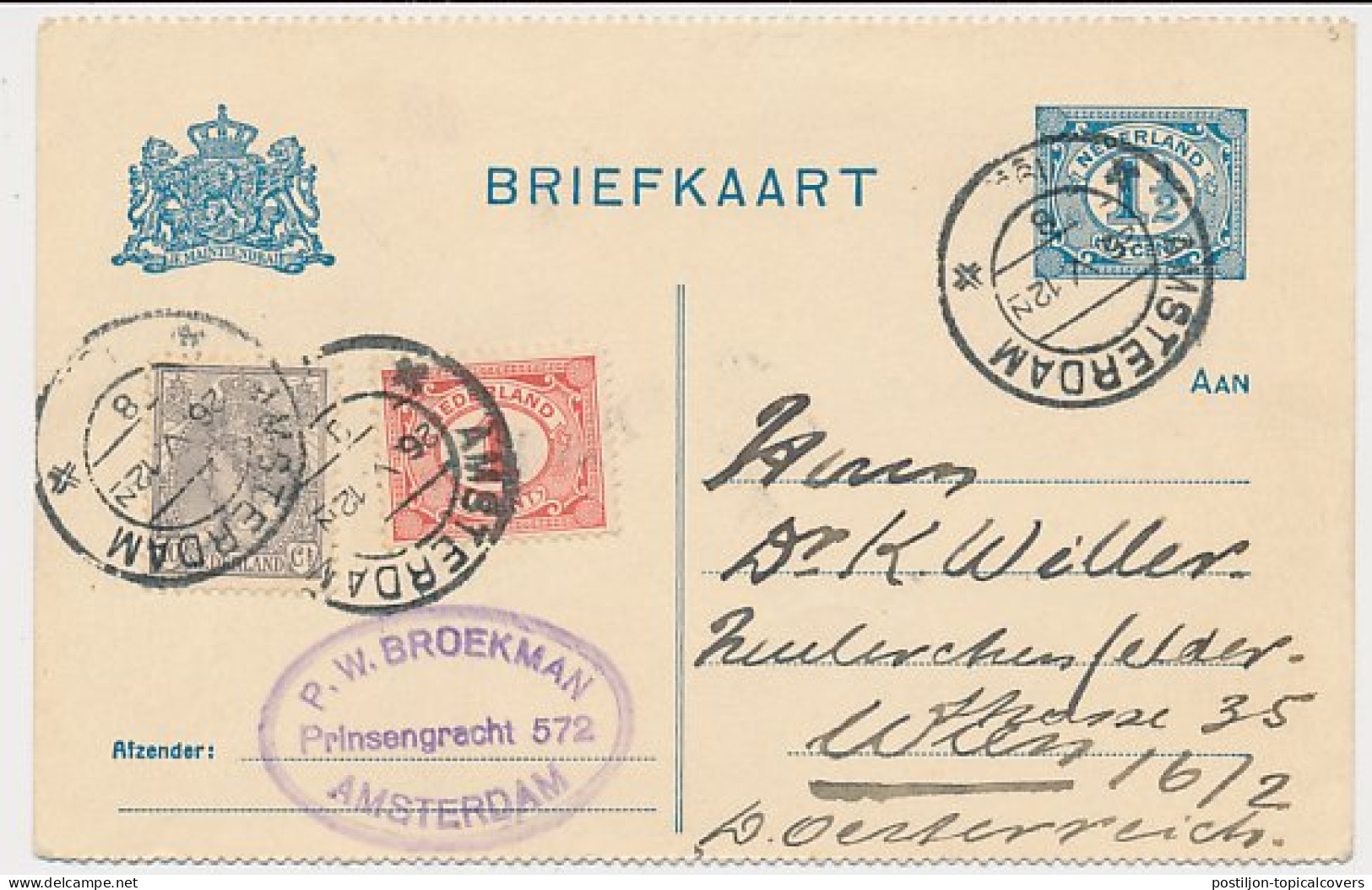 Briefkaart G. 86 B I / Bijfrankering Amsterdam - Oostenrijk 1921 - Postal Stationery