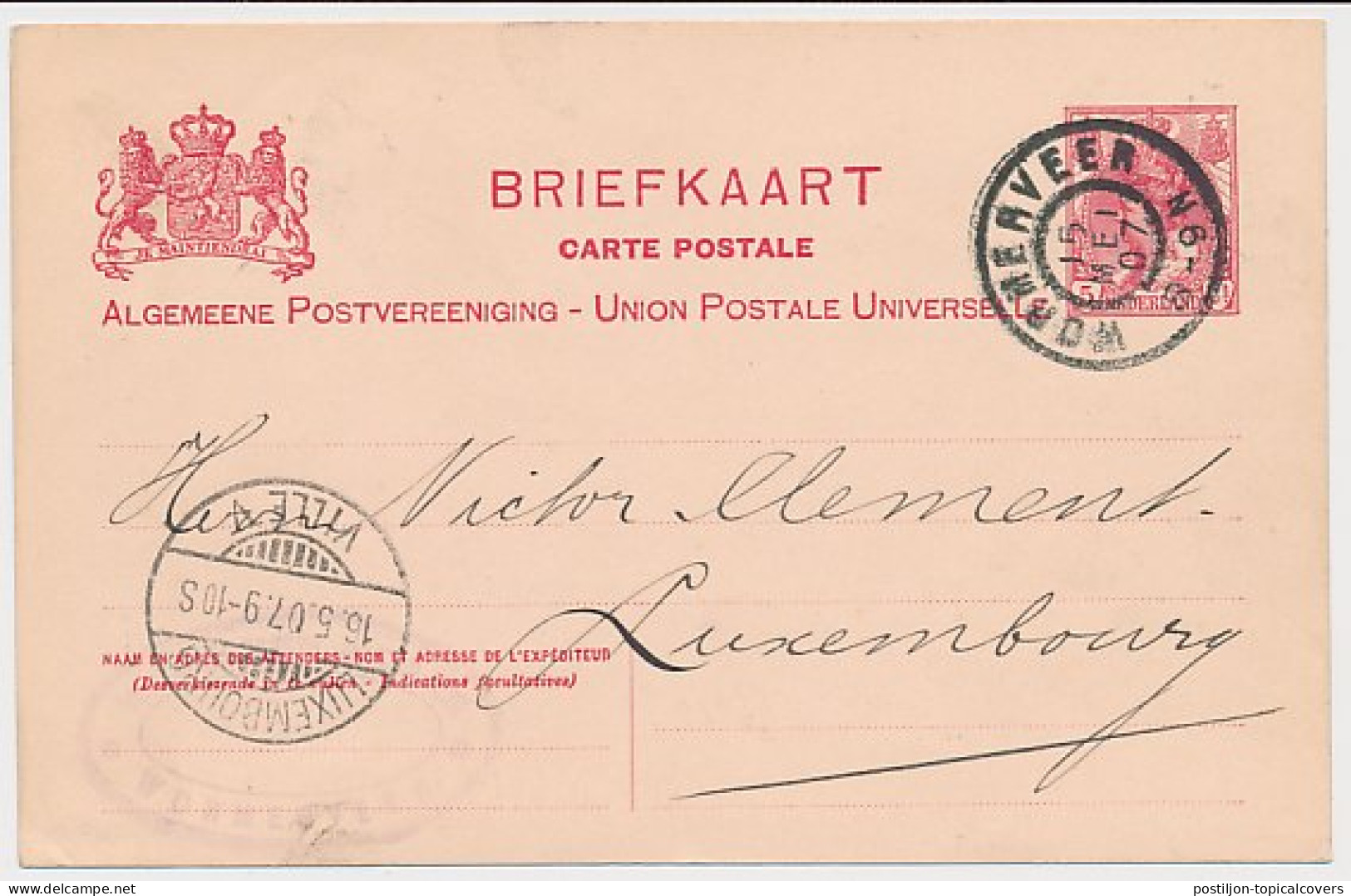 Briefkaart G. 71 Wormerveer - Luxemburg 1907 - Entiers Postaux