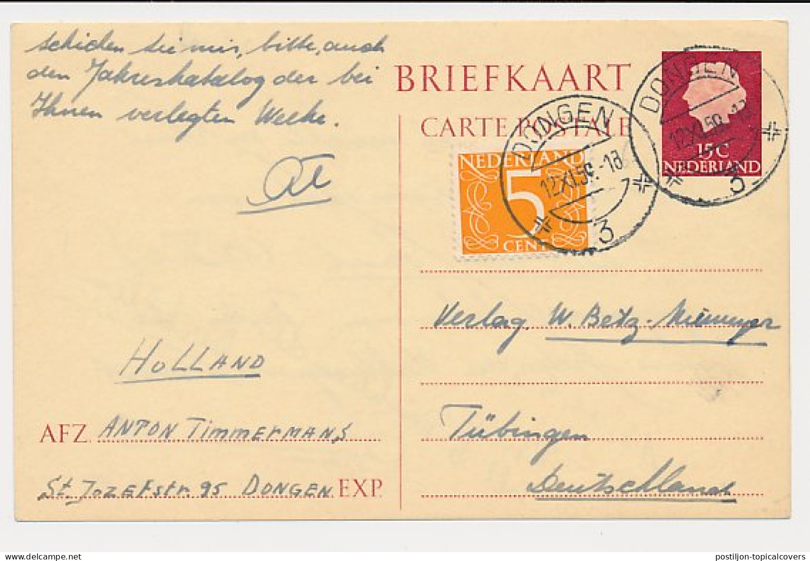 Briefkaart G. 317 / Bijfrankering Dongen - Duitsland 1959 - Postal Stationery