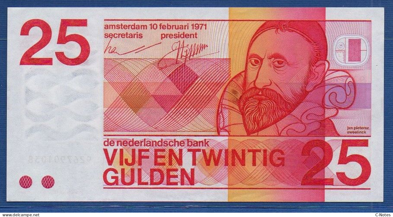 NETHERLANDS  - P.92a – 25 Gulden 1971 UNC-,  S/n 9267901038  - 10 Digit Serial # - 25 Gulden