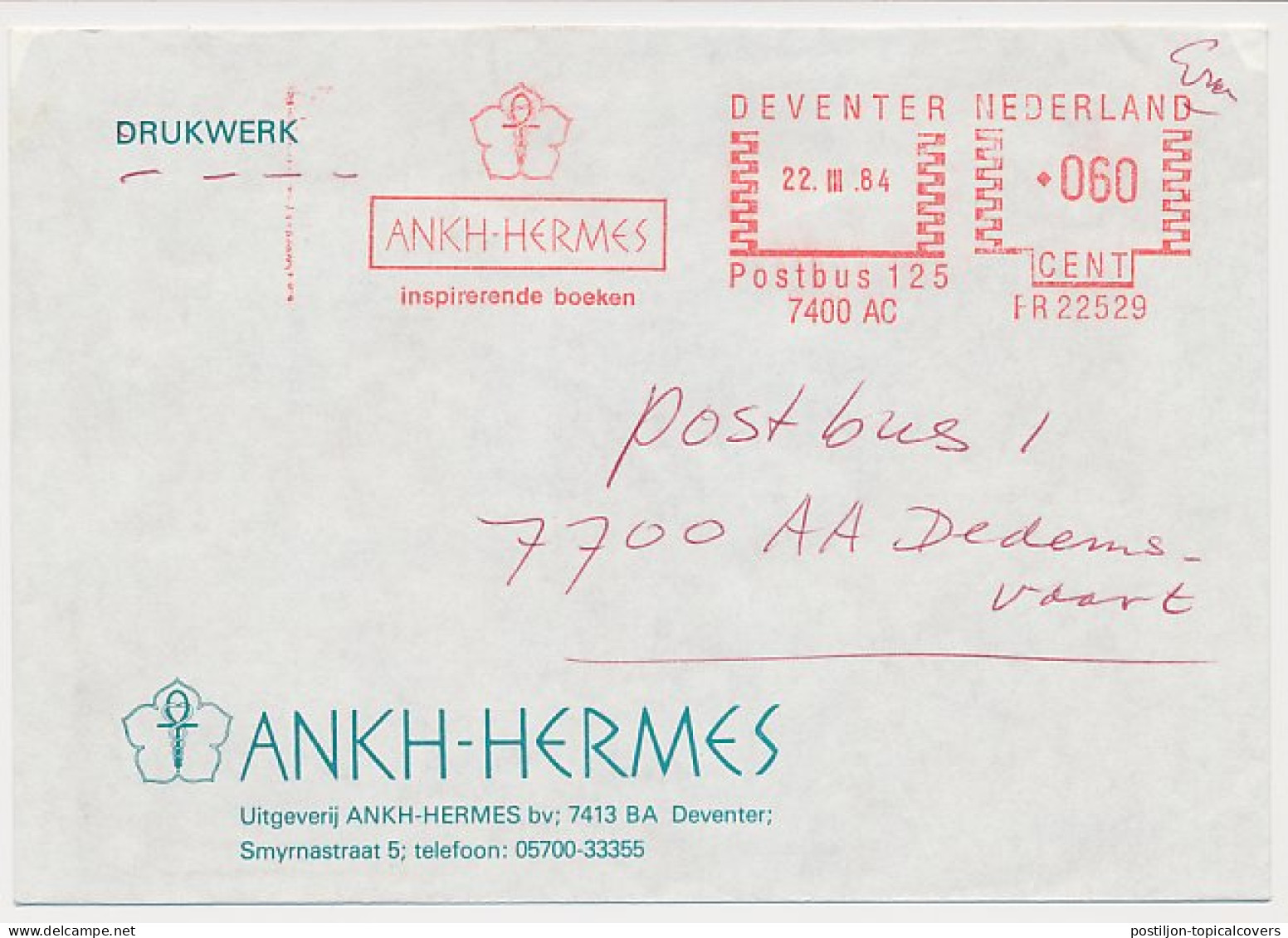 Meter Cover Netherlands 1984 Ankh Hermes - Cross - Snake - Deventer - Autres & Non Classés