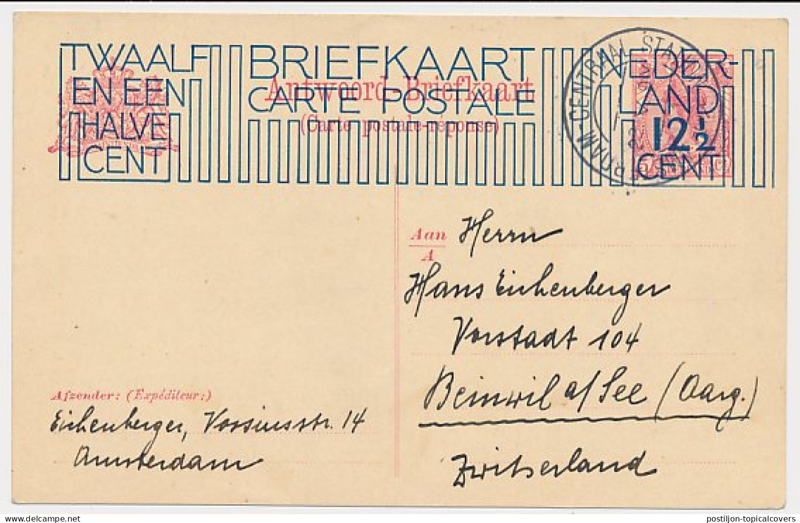 Briefkaart G. 204 B Amsterdam - Beinwil Am See Zwitserland 1925 - Postal Stationery