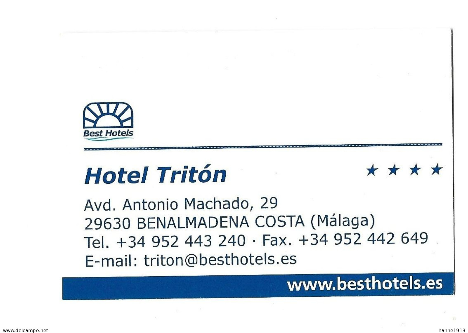 Benalmadena Costa Hotel Triton Etiquette Visitekaartje Htje - Cartes De Visite