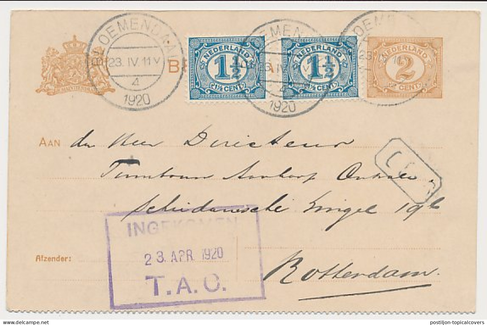 Briefkaart G. 88 B II / Bijfrank. Bloemendaal - Rotterdam 1920 - Postal Stationery