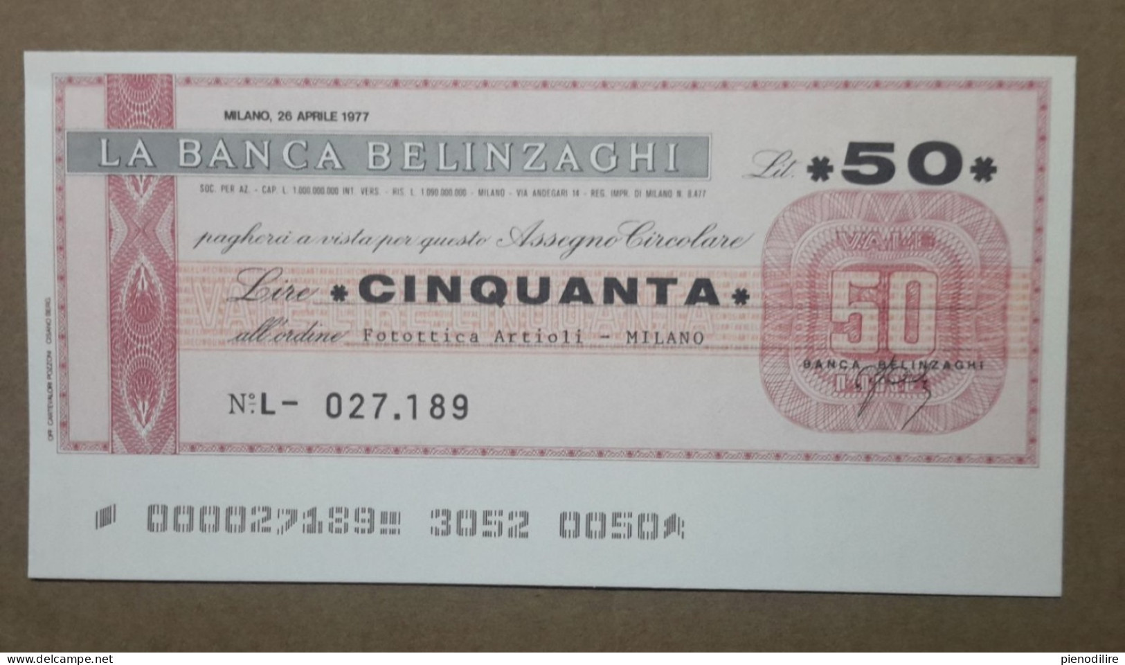 BANCA BELINZAGHI, 50 LIRE 26.04.1977 FOTOTTICA ARTIOLI MILANO (A1.80) - [10] Cheques Y Mini-cheques