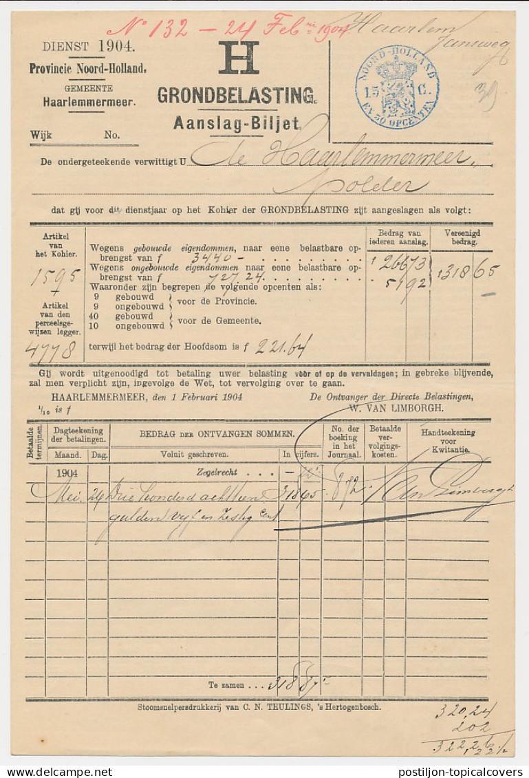 Fiscaal - Aanslagbiljet Haarlemmermeer 1904 - Fiscales