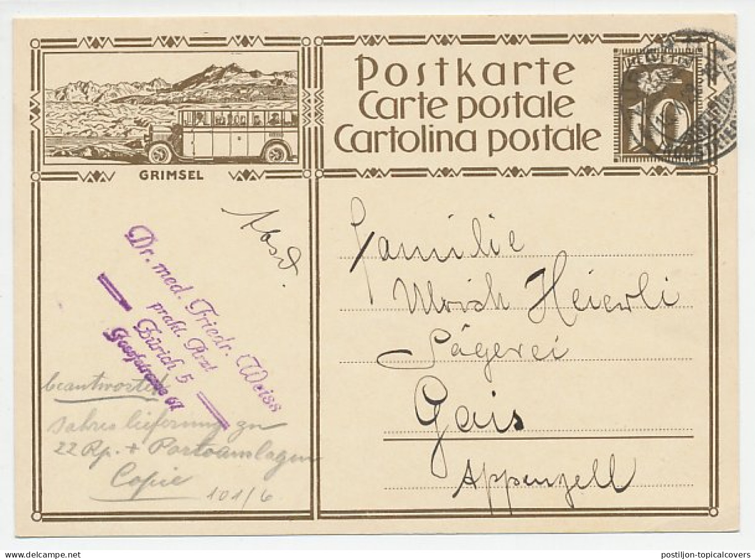 Postal Stationery Switzerland 1929 Bus - Grimsel - Busses