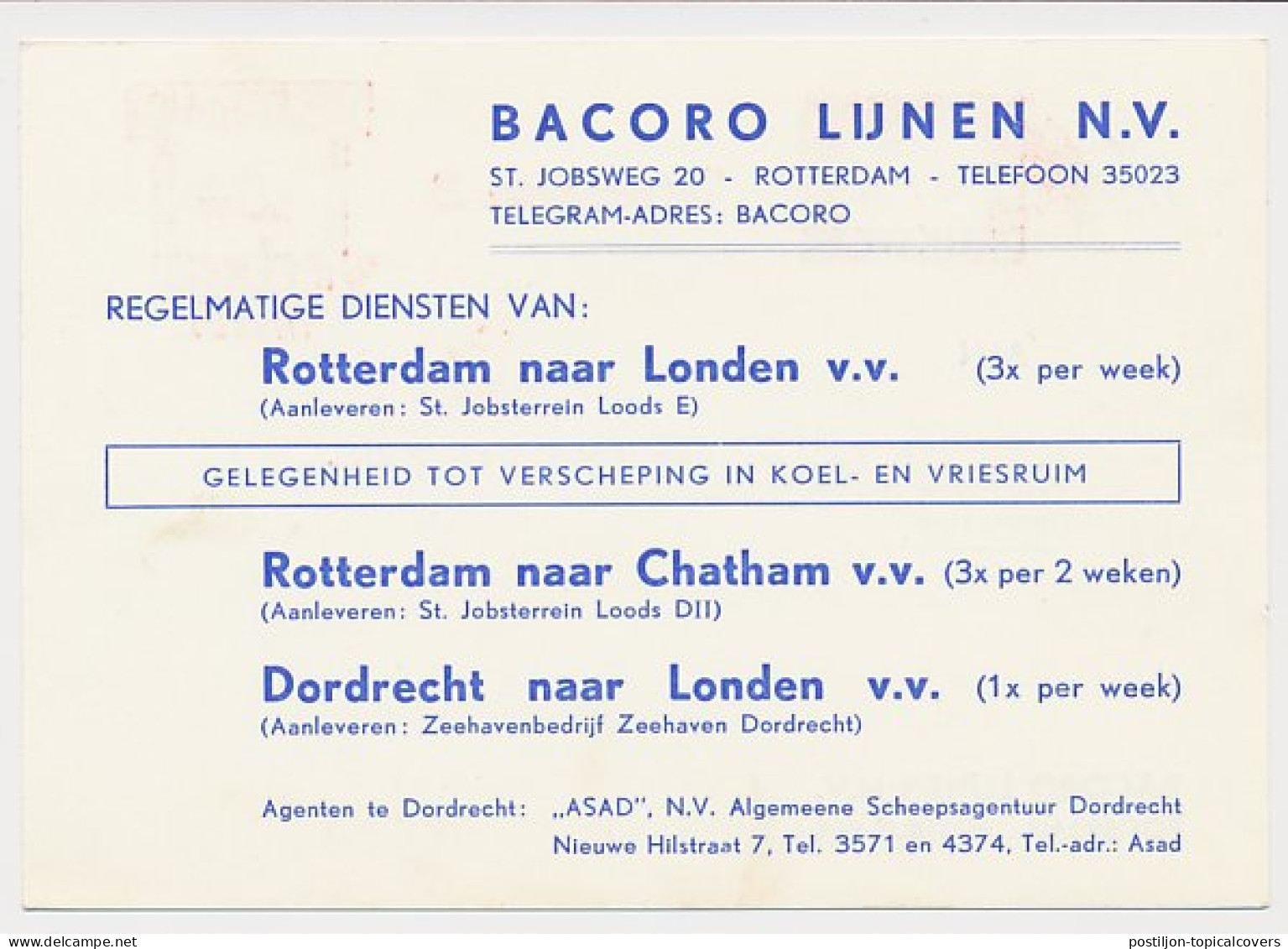 Meter Card Netherlands 1961 Shipping Company Bacoro - Sailing List Rotterdam - GB / UK - Ships