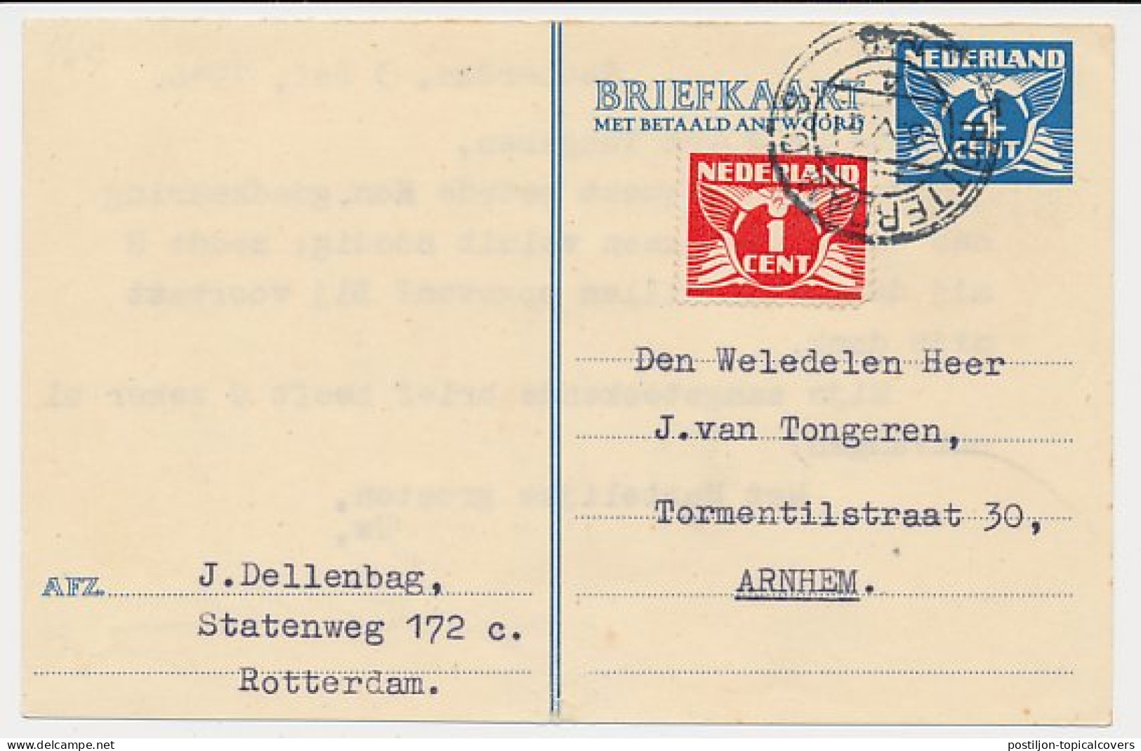 Briefkaart G. 270 V-krt. / Bijfrankering Rotterdam - Arnhem 1946 - Postal Stationery