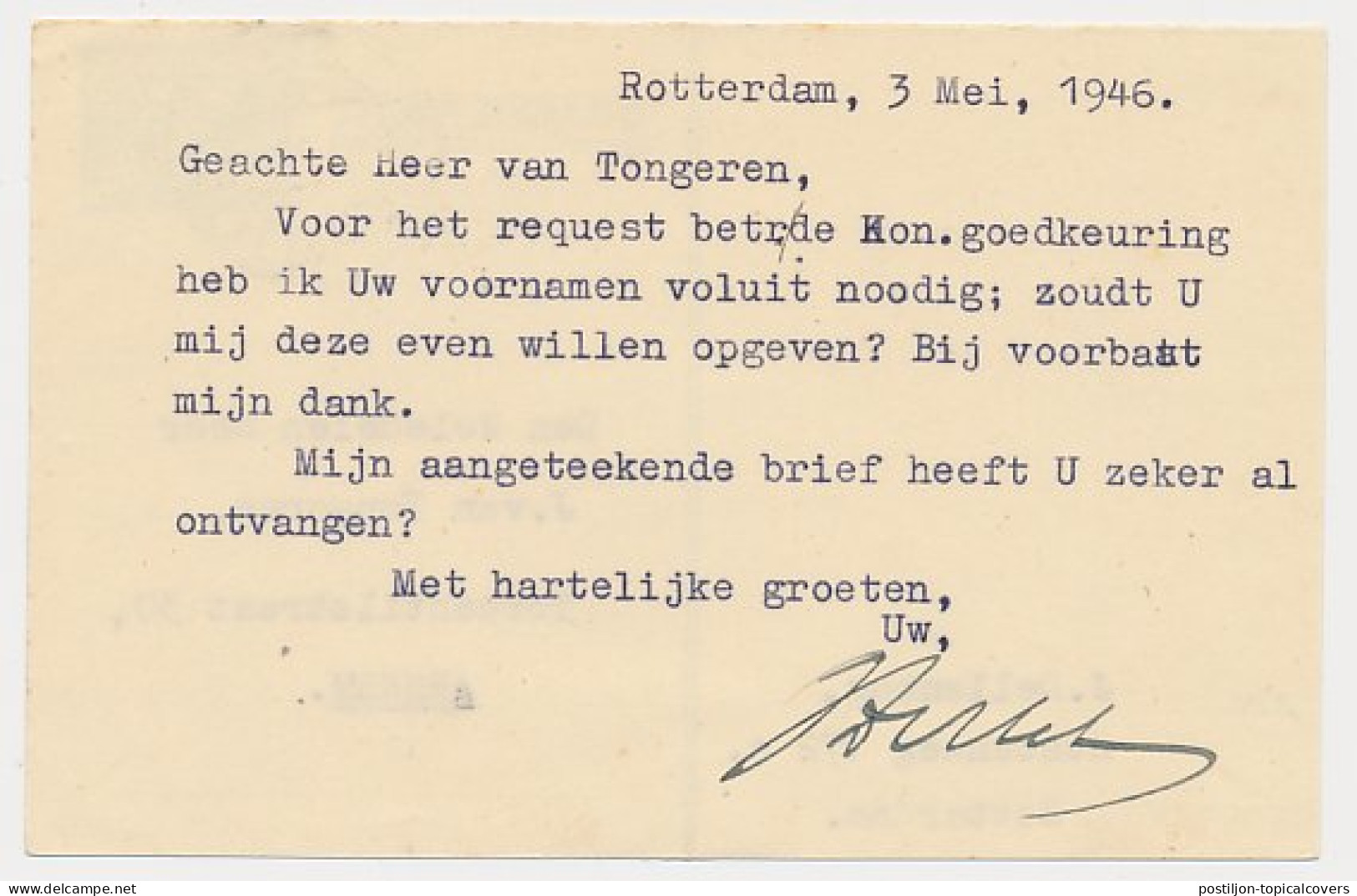 Briefkaart G. 270 V-krt. / Bijfrankering Rotterdam - Arnhem 1946 - Postal Stationery