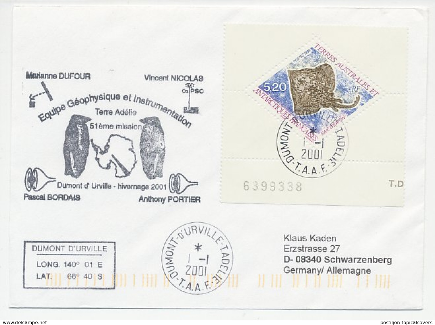 Cover / Postmark / Cachet T.A.A.F 2001 Geophysics - Penguin  - Expéditions Arctiques